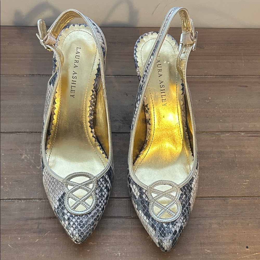 Laura Ashley Beige and Black Snake-Print Slingback Heels